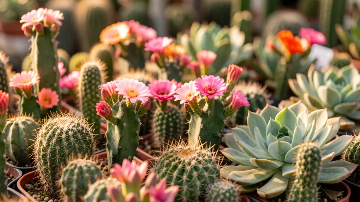 Primer plano de diversas plantas de cactus y suculentas con flores vibrantes y formas únicas, mostrando una colección diversa. El fondo está suavemente desenfocado, resaltando los detalles intrincados de las plantas. Iluminación cálida y natural.