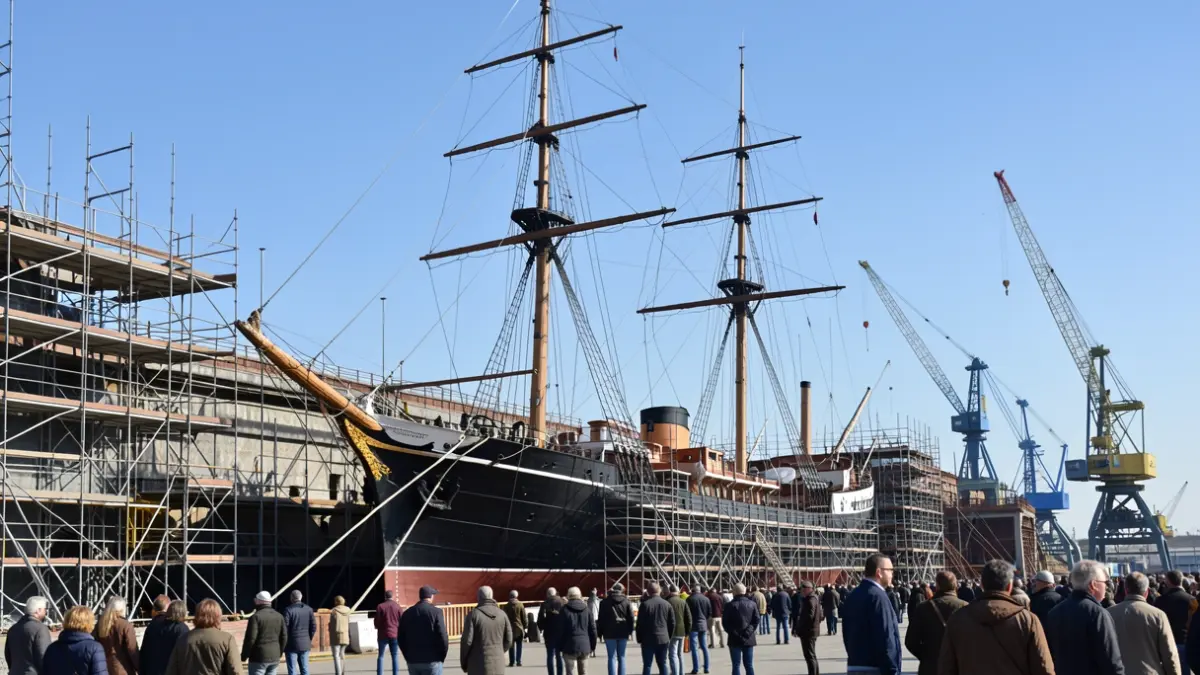 El buque escuela Juan Sebastián Elcano en varada histórica en el astillero de Navantia en San Fernando, Cádiz, rodeado de andamios y grúas.