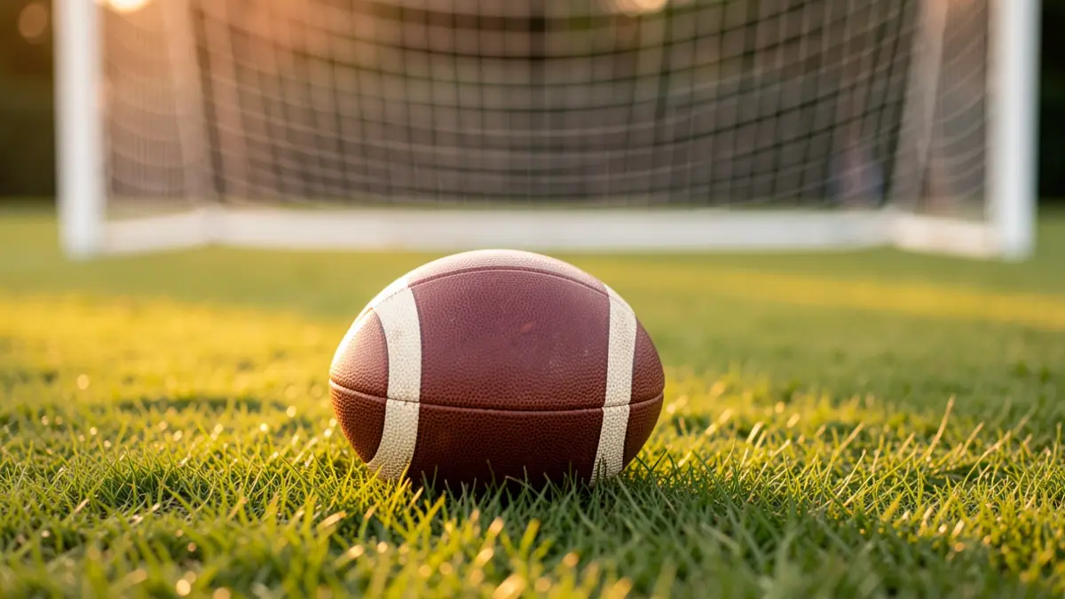 Generic image of a football on the grass with the goal blurred.