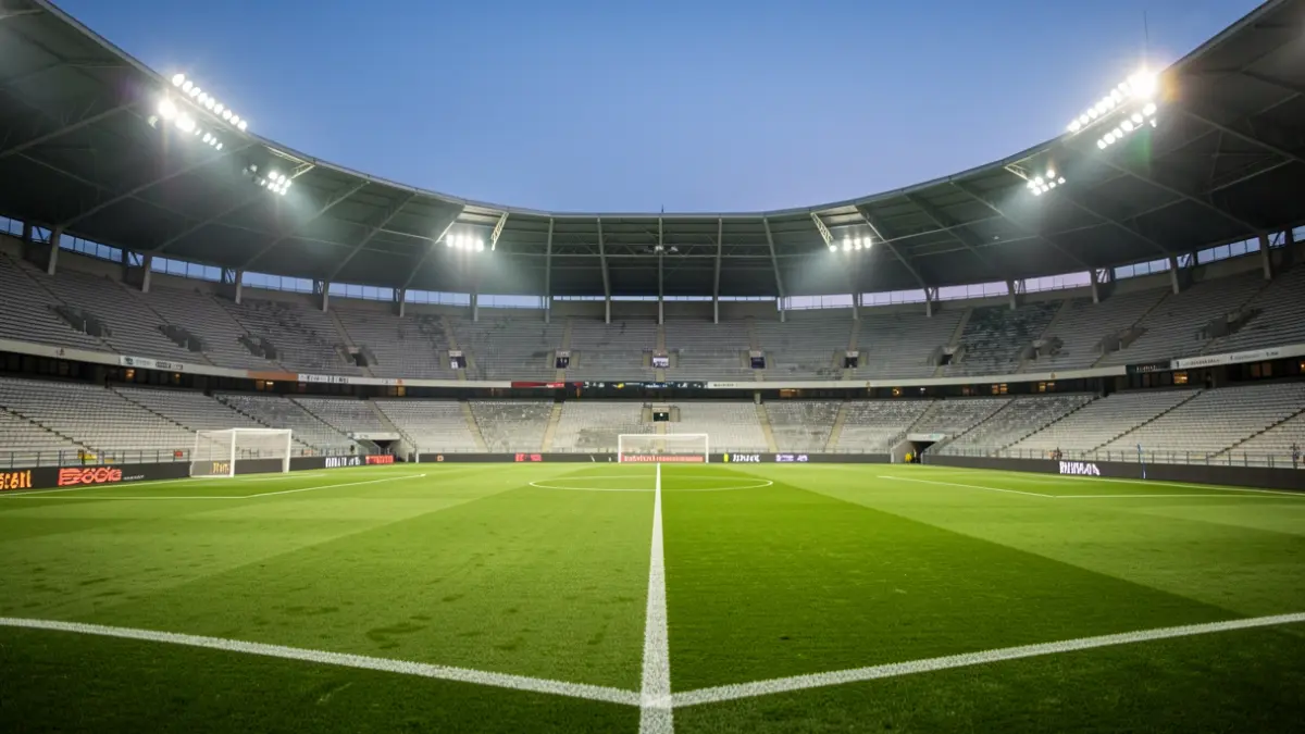 Generic image of a football stadium at dusk with lights on and the pitch empty.