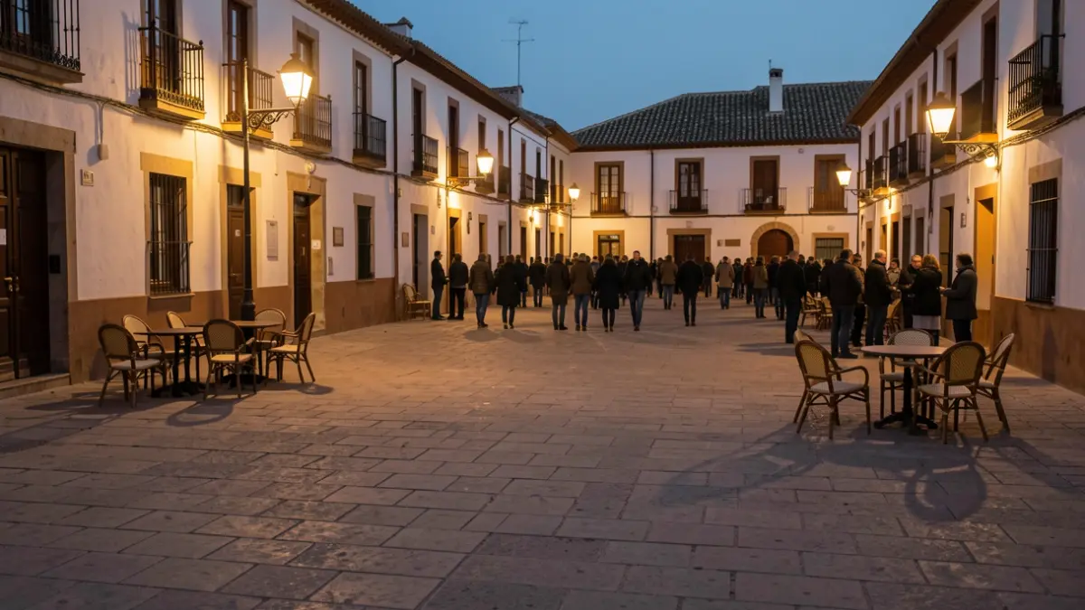 Plaza del pueblo andaluz desierta al atardecer con farolas encendidas.