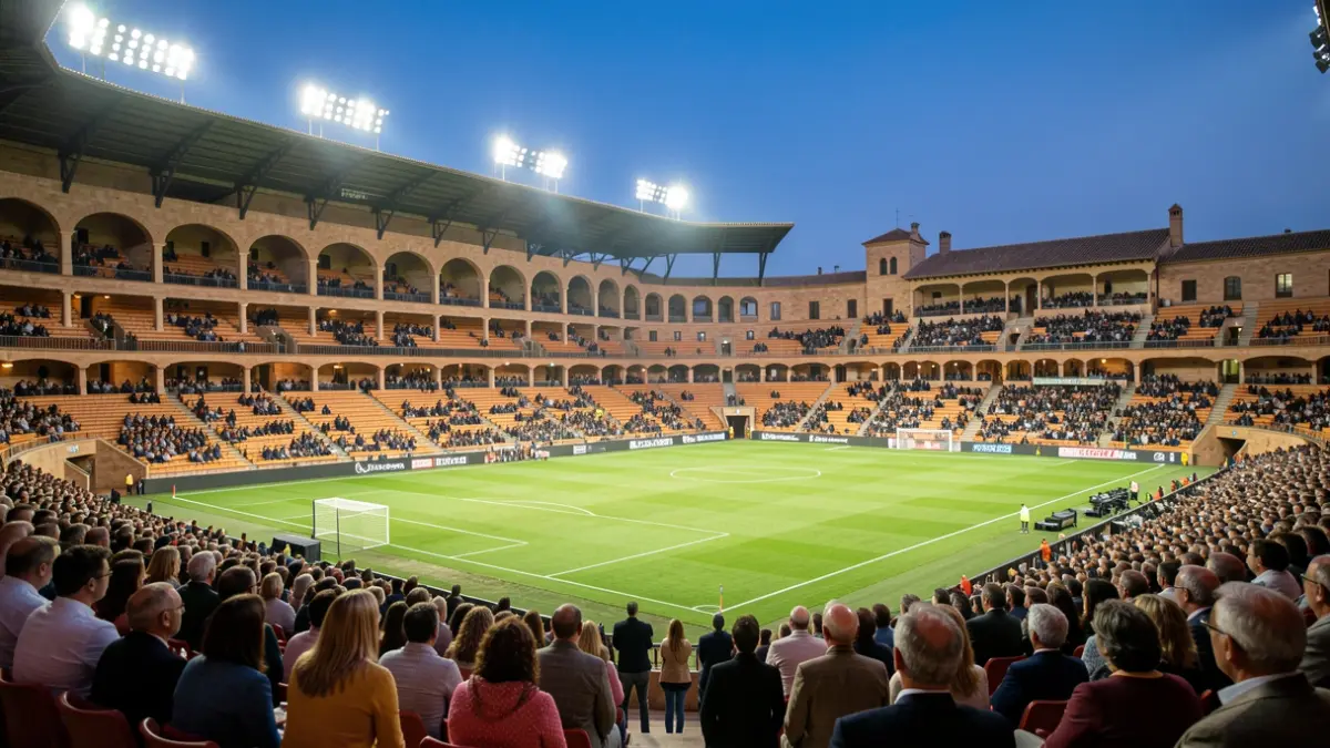 Empty football stadium at dusk with lights on.