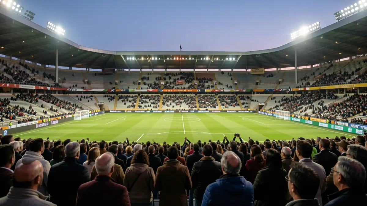 Estadi de futbol buit al capvespre amb llums encesos.