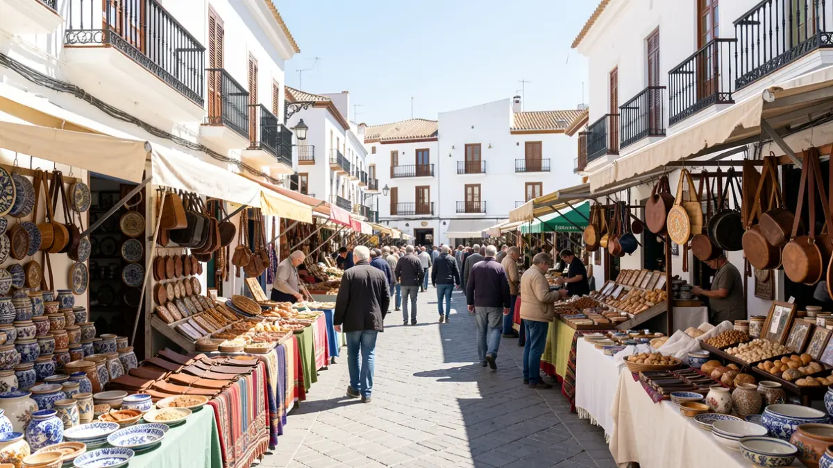 Imagen genérica de un mercado artesanal en una plaza de Andalucía con puestos de cerámica, cuero y alimentos.