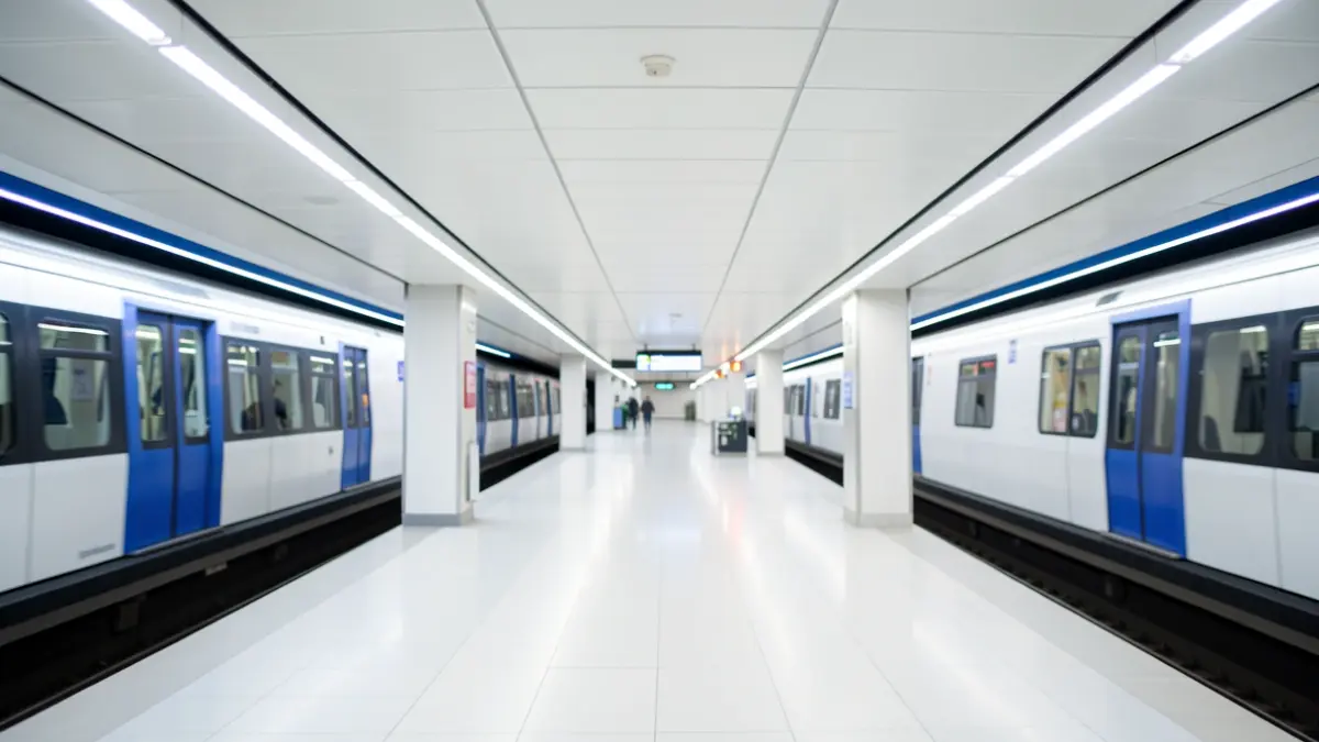 Iluminación LED en el interior de una estación de metro moderna en Andalucía.