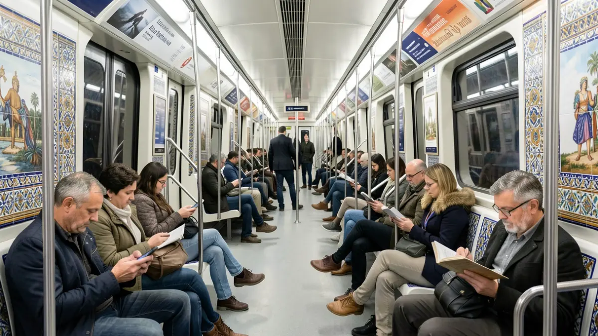 Generic image of the interior of a Metro de Málaga carriage with passengers.