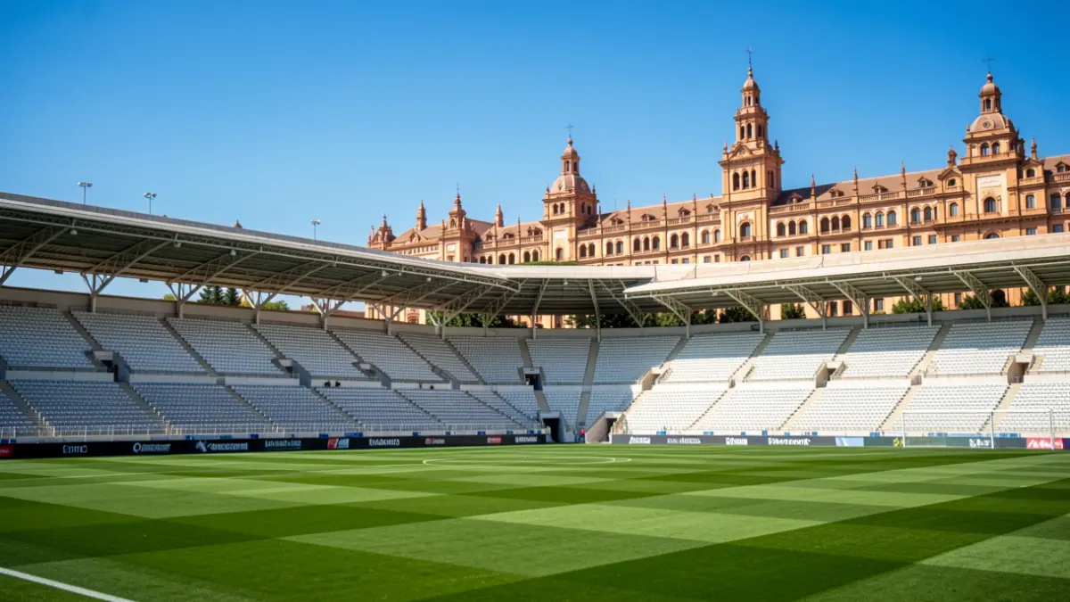 Imagen genérica de un estadio de fútbol andaluz con el campo verde y gradas vacías.