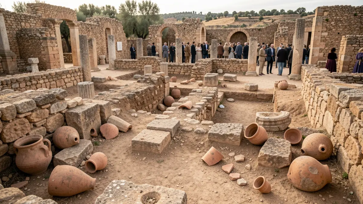 Roman archaeological ruins in Malaga with pottery fragments.