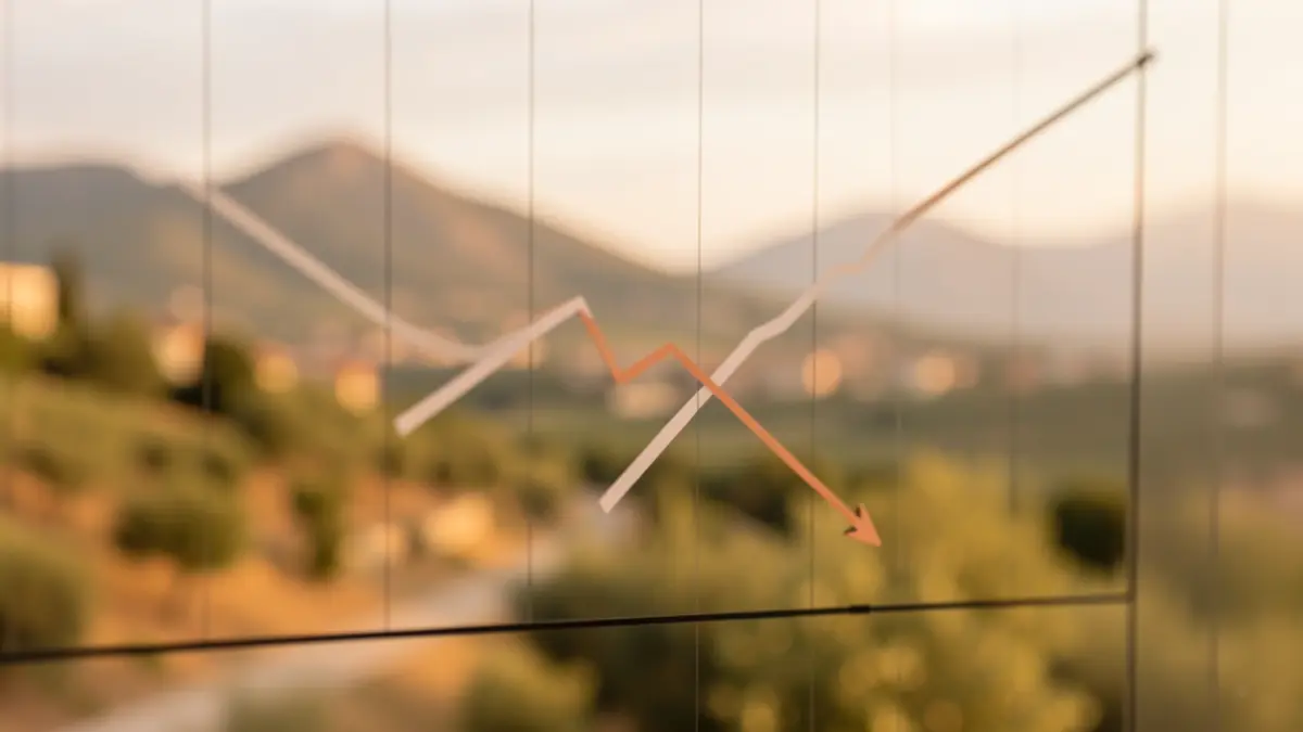 Generic downward trend graph with a Mediterranean landscape background.