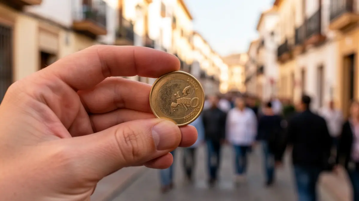 Generic image of a hand holding a euro coin with an Andalusian urban background.