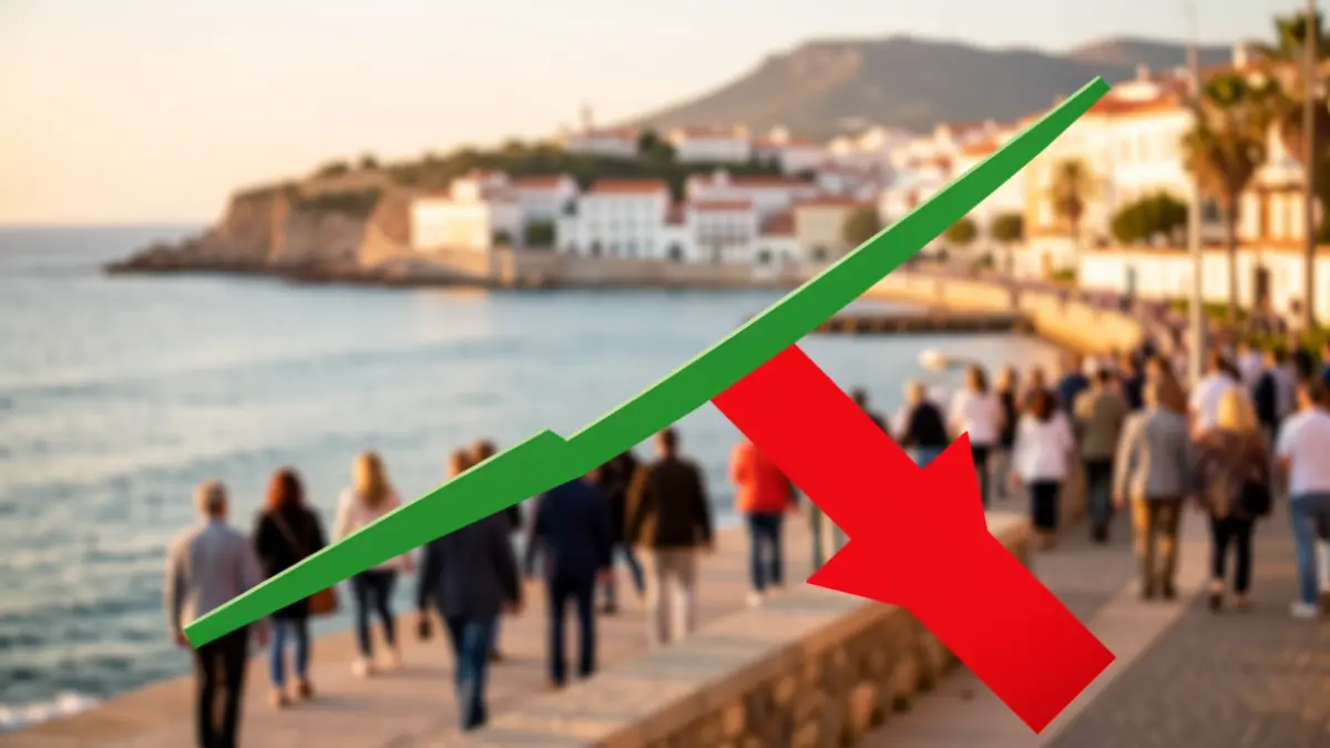 Gráfico de tendencia descendente sobre fondo de la costa de Nerja.