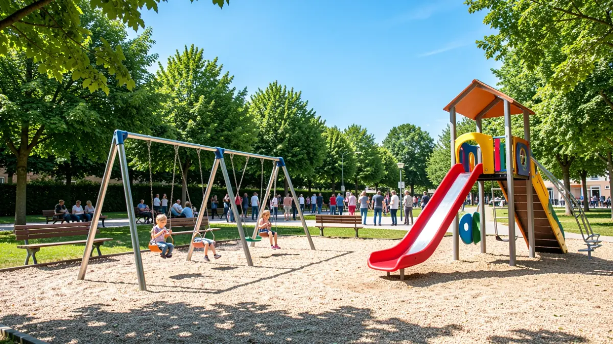 Generic image of a renovated children's playground with modern equipment and green areas.