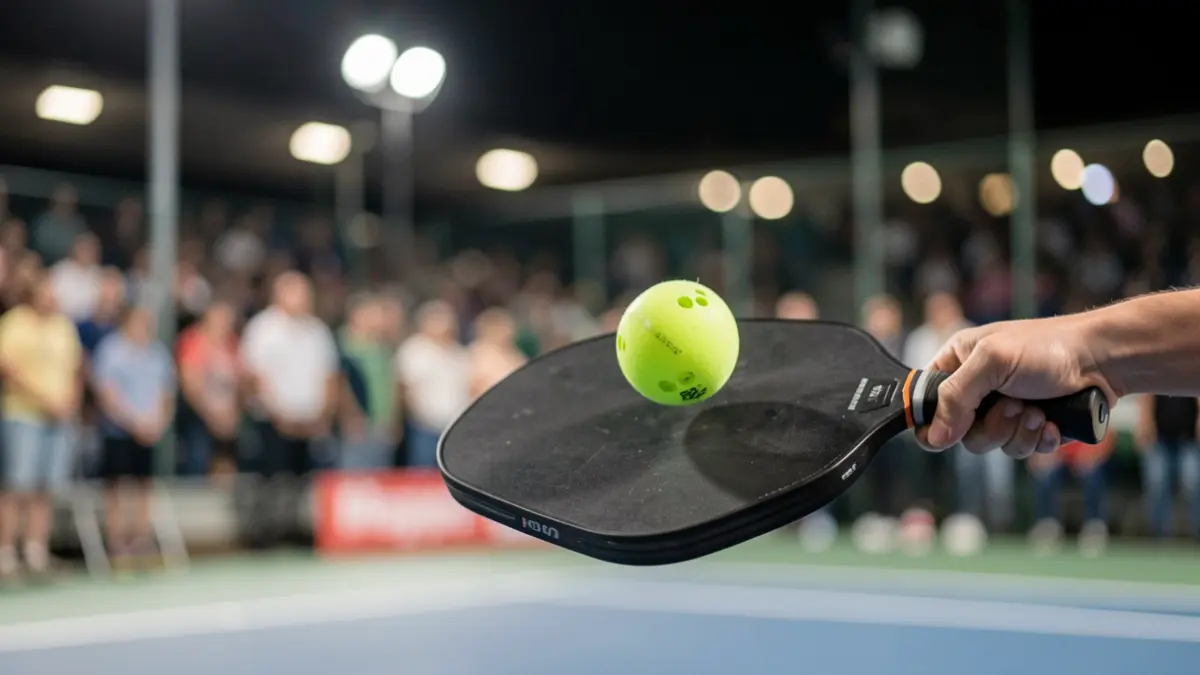 Primer plano de una pala de pickleball a punto de golpear una pelota, con un fondo difuminado de una cancha deportiva y luces de estadio.
