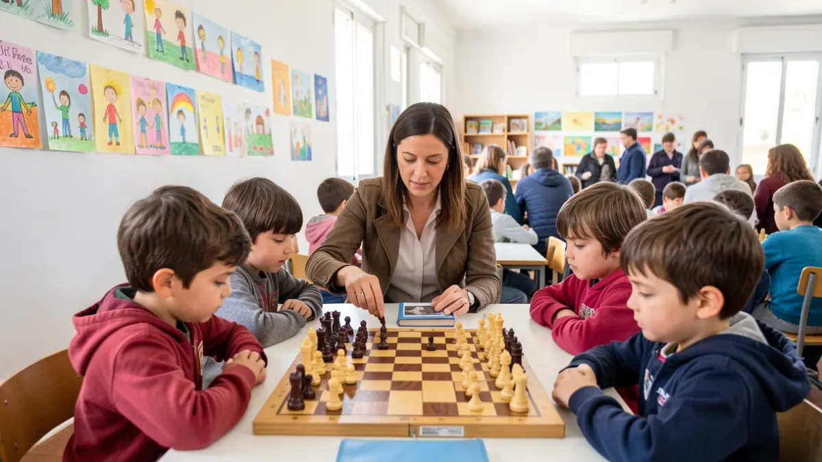 Image of children and a teacher playing chess in an Andalusian classroom.