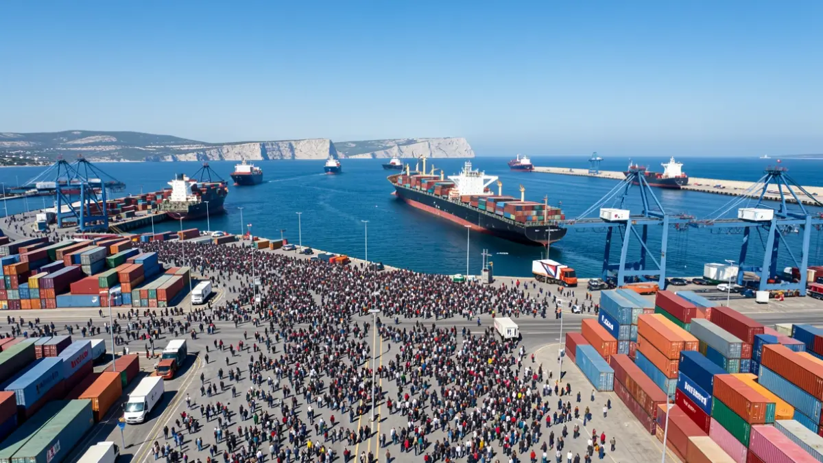 Vista aérea del Puerto de Algeciras con barcos y contenedores.
