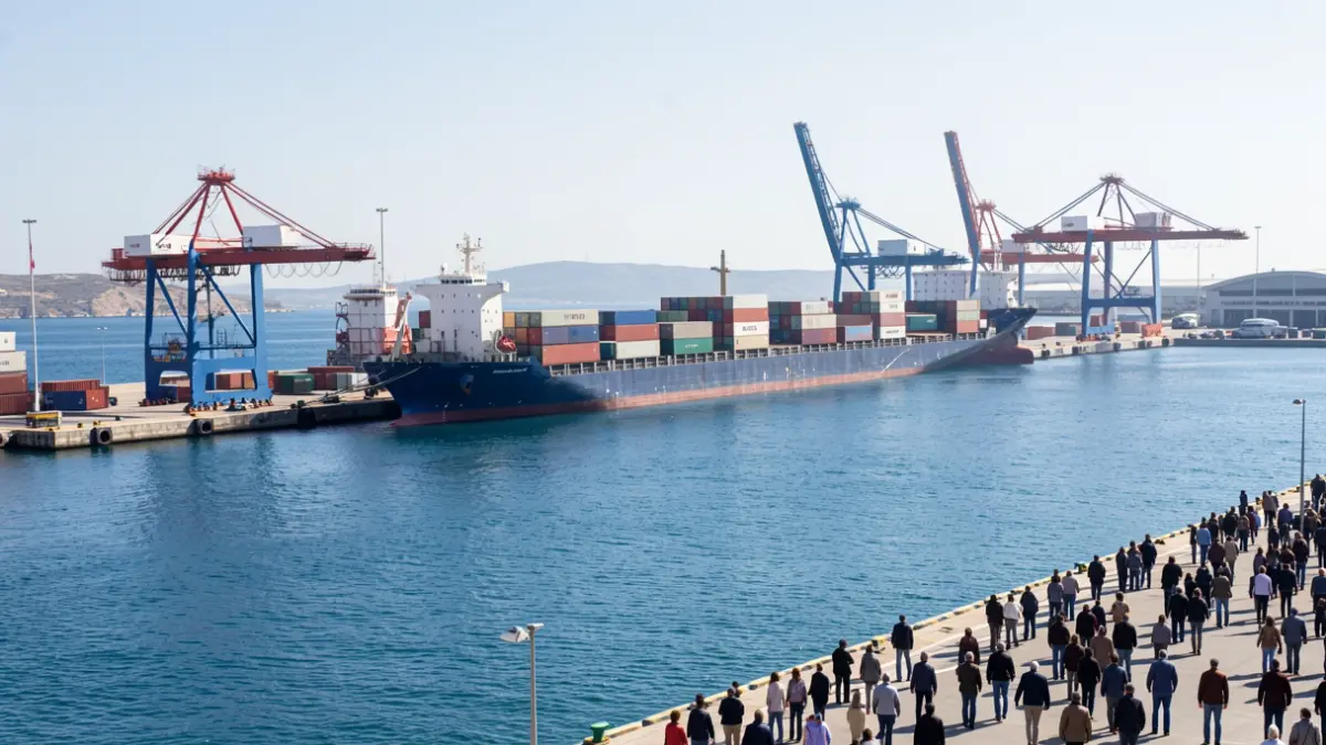 Image of the port of Algeciras with ships and cranes.