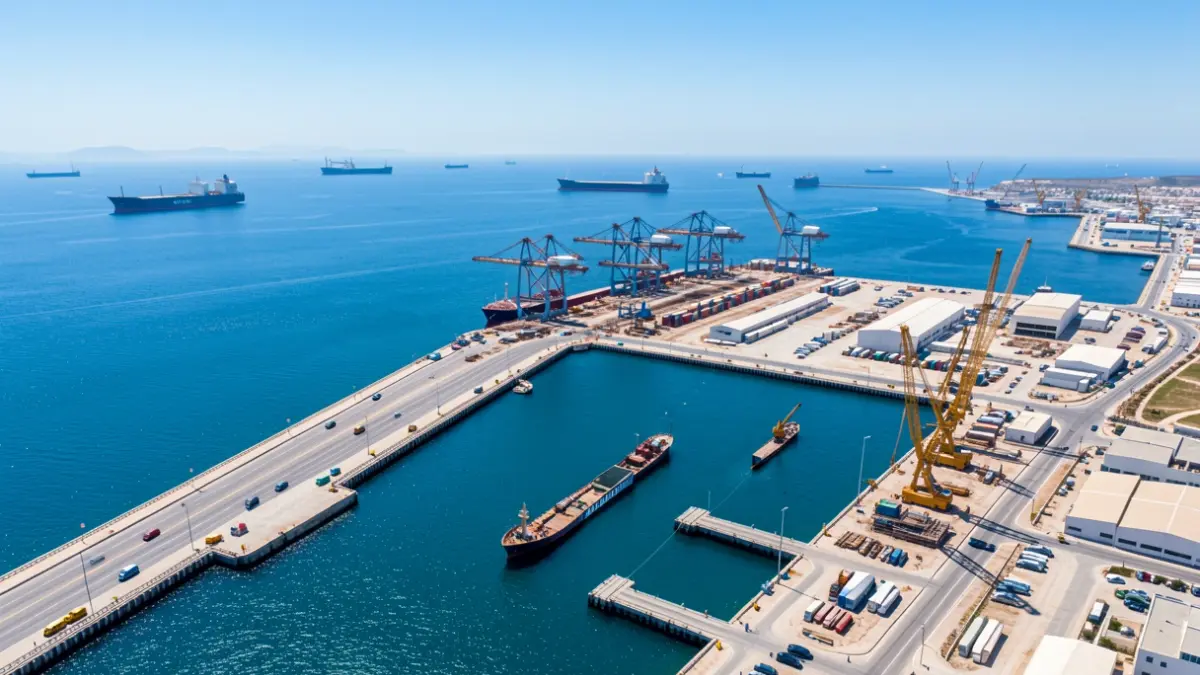 Vista aérea del Puerto de Almería mostrando la ampliación del muelle de Pechina.