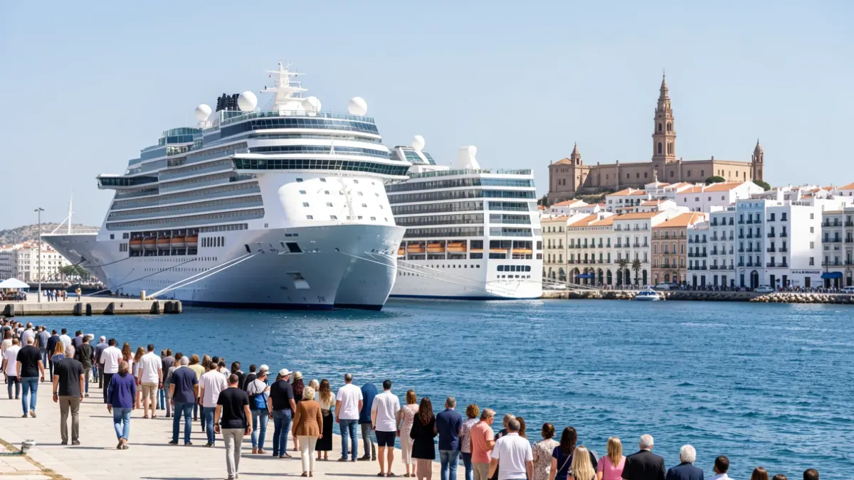 Un crucero de lujo atracado en el puerto de Cádiz con la ciudad de fondo.