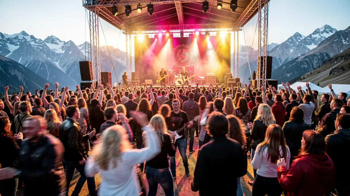 Image of a punk rock concert in Sierra Nevada with thousands of attendees dancing.