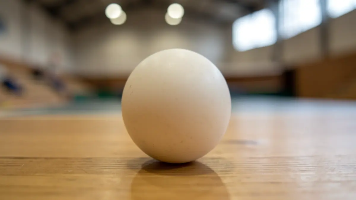 Close-up of a table tennis ball on a wooden table.