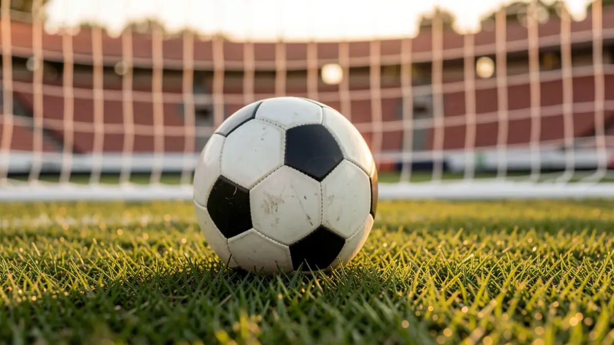 Generic image of a soccer ball on grass with a blurred goal net in the background.