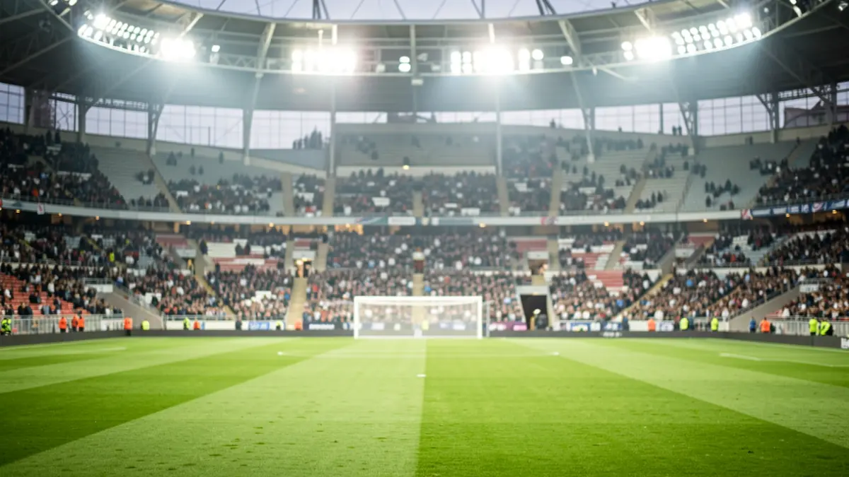 Imagen genérica de un estadio de fútbol vacío con césped verde y luces.