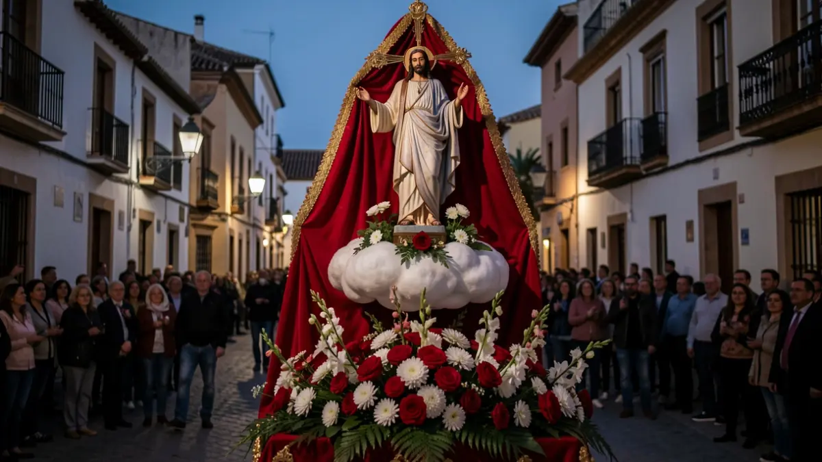 Processional float of the Resurrected of Puente Genil in a street in Andalusia at dusk.