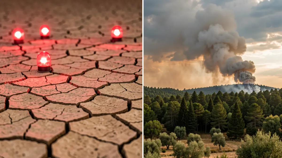 Split image showing cracked earth with emergency lights and smoke from a forest fire in Andalusia.