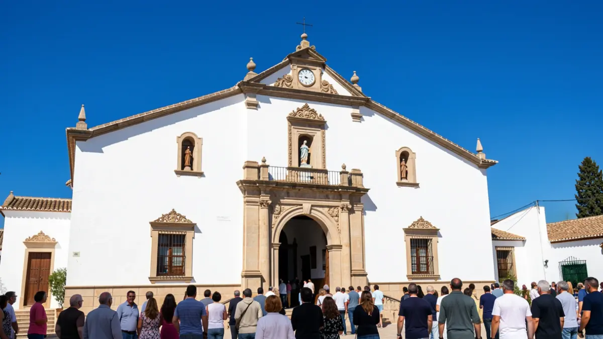 Facade of the El Rocío Sanctuary, a white building with Andalusian architecture under a bright blue sky.