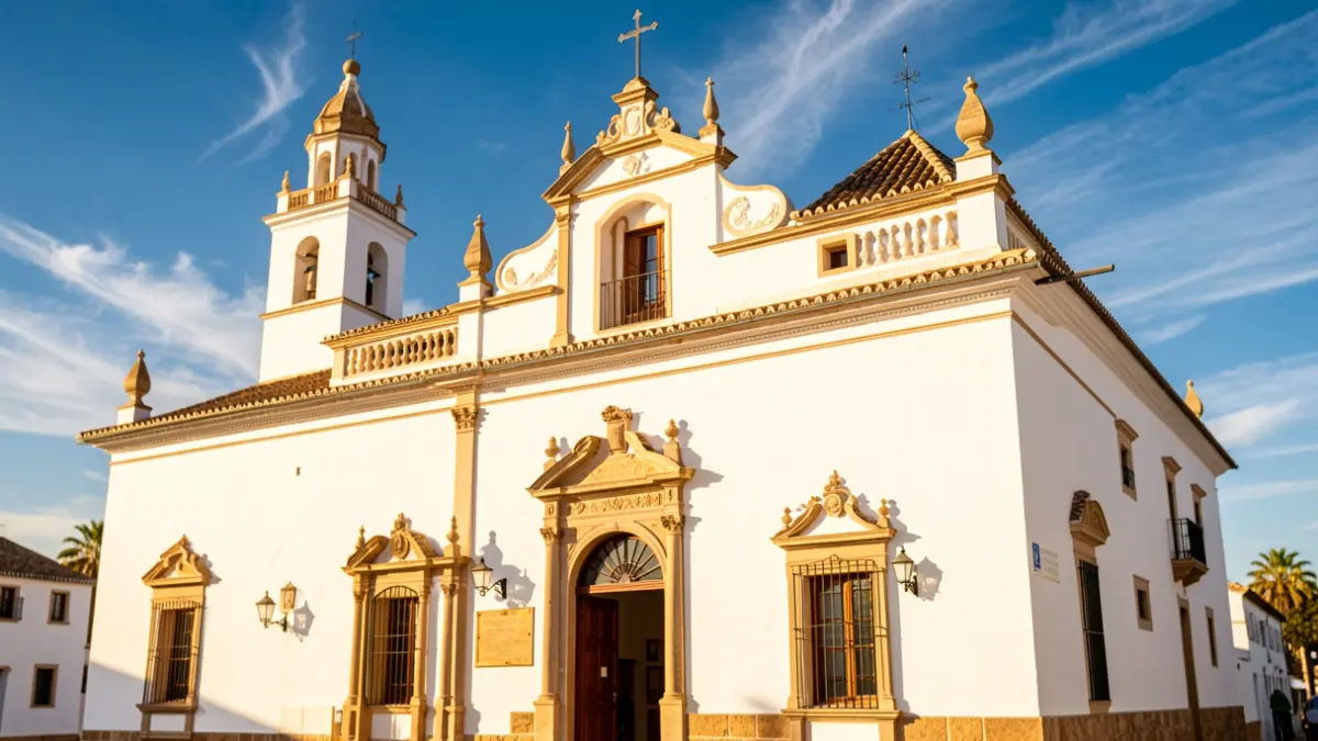 Facade of the El Rocío Sanctuary under the Andalusian sun.