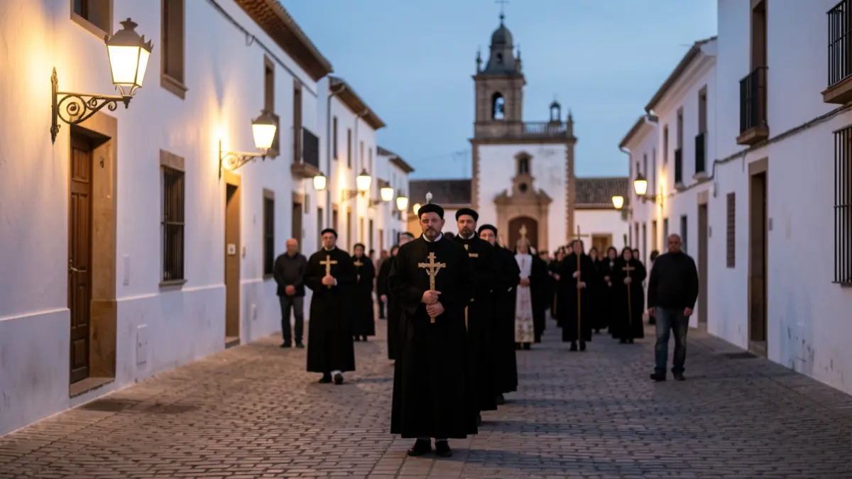 Generic image of a religious procession in a white Andalusian village at dusk.