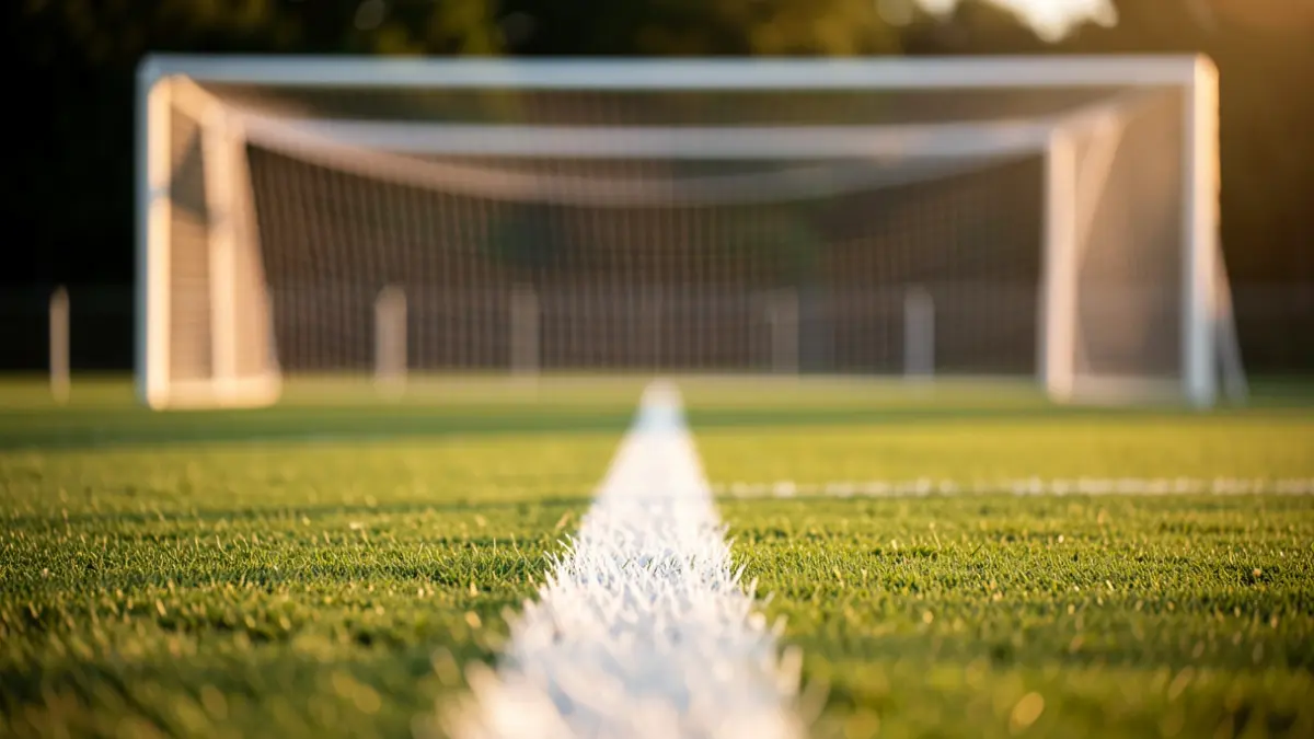 Generic image of a football pitch with the goal blurred at sunset.