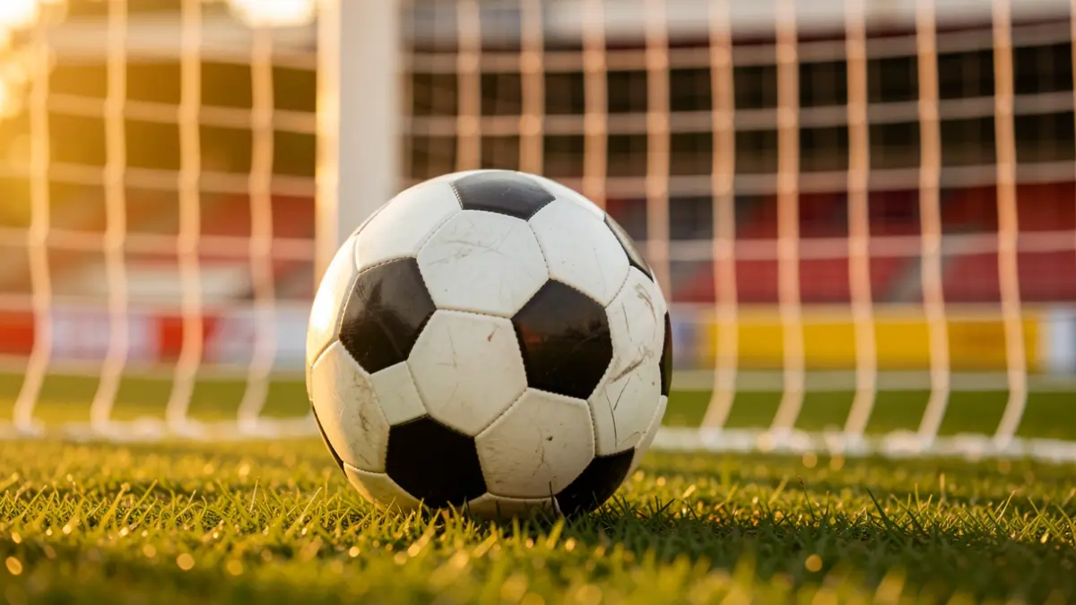 Generic image of a soccer ball on grass with a blurred goal net.