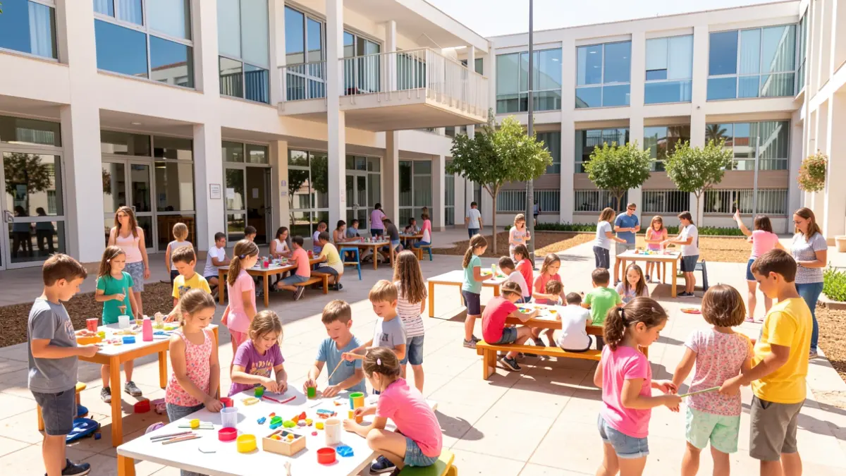 Niños y niñas participando en actividades lúdicas y educativas en un campamento de verano municipal en Andalucía.