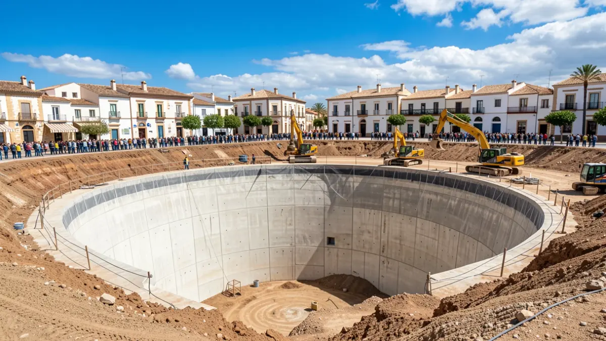 Construction site of a large underground storm water tank in Cadiz, with construction machinery and blue sky.