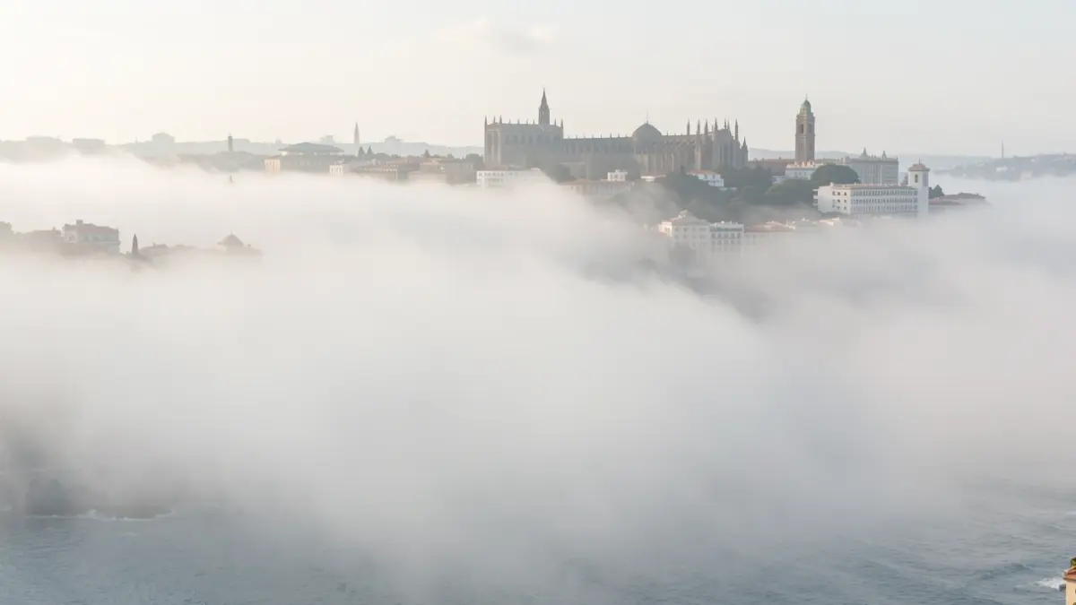 Una densa niebla blanca cubre la costa de Málaga, incluyendo la Catedral.