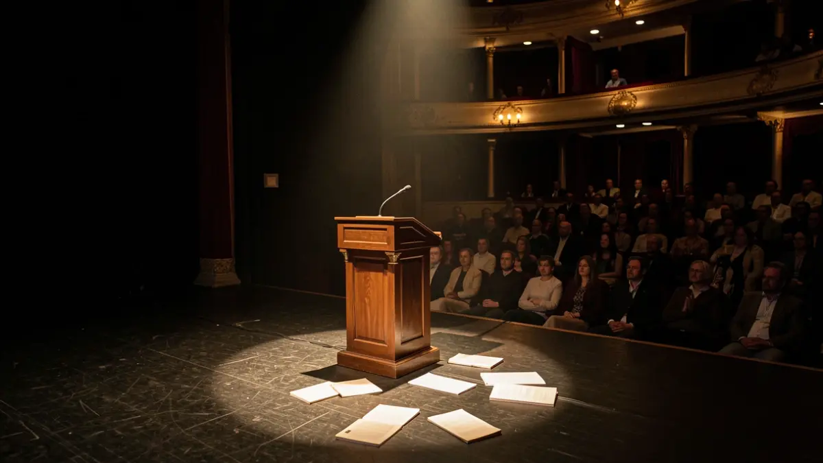 Escena de un escenario de teatro vacío con un foco de luz sobre un atril y guiones.