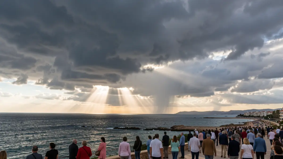 Dramatic sky over the coast of Andalusia with storm clouds and sunshine.