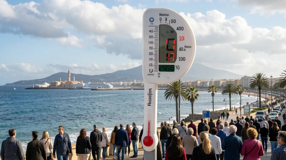 Termómetro mostrando alta temperatura con el litoral de Málaga y cielo parcialmente nublado.