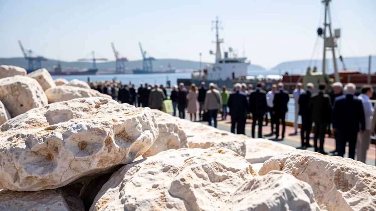 Close-up of gypsum rocks and mineral cargo on a ship's deck, with the blurred silhouette of a Mediterranean port in the background under a bright, clear sky.