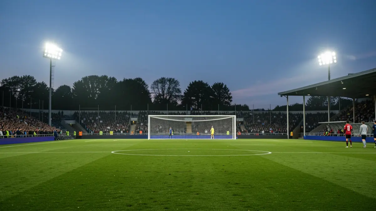 Generic image of a football pitch at dusk with lights.