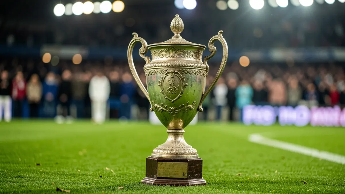 Imagen genérica de un trofeo de fútbol antiguo sobre un campo de césped.