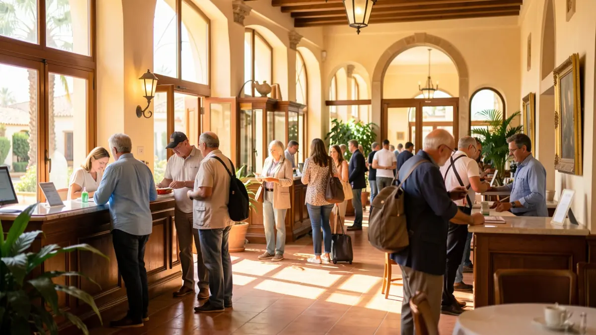 Image of a busy hotel in Chiclana, Andalusia, with guests and staff interacting in a sunny atmosphere.