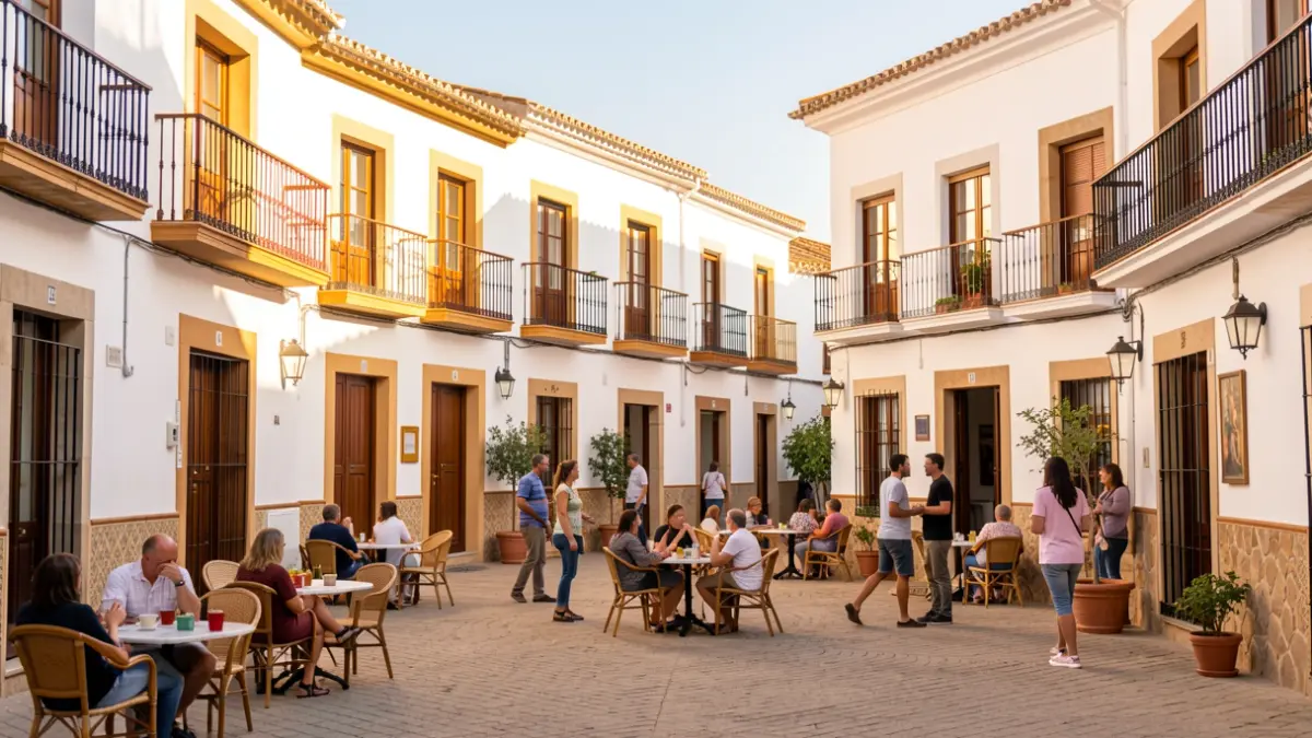 Plaza andaluza con edificios blancos y sol de tarde.