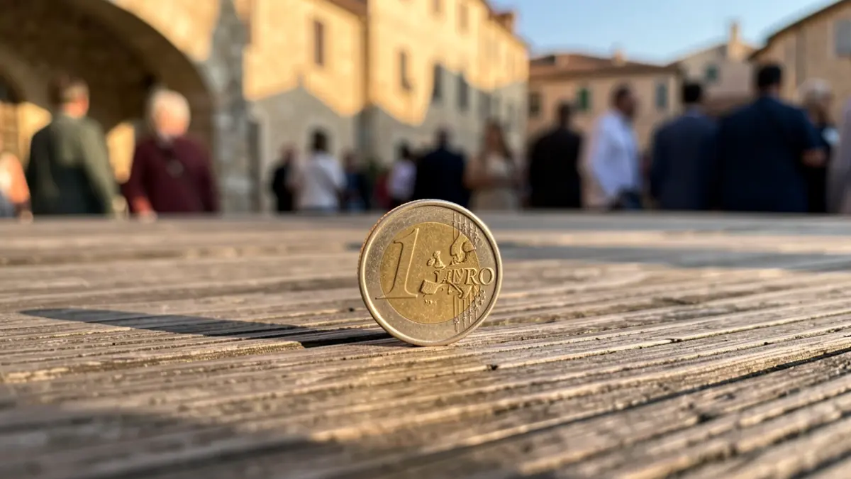 Generic image of a euro coin on a wooden table with blurred Andalusian architecture in the background.