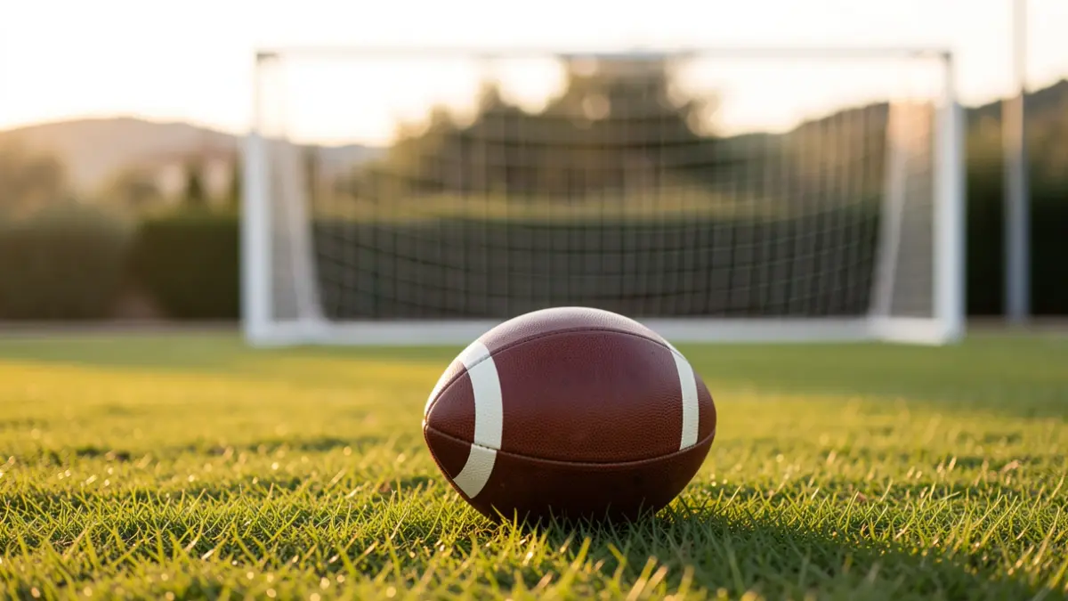 Generic image of a football on the grass with the goal in the background.