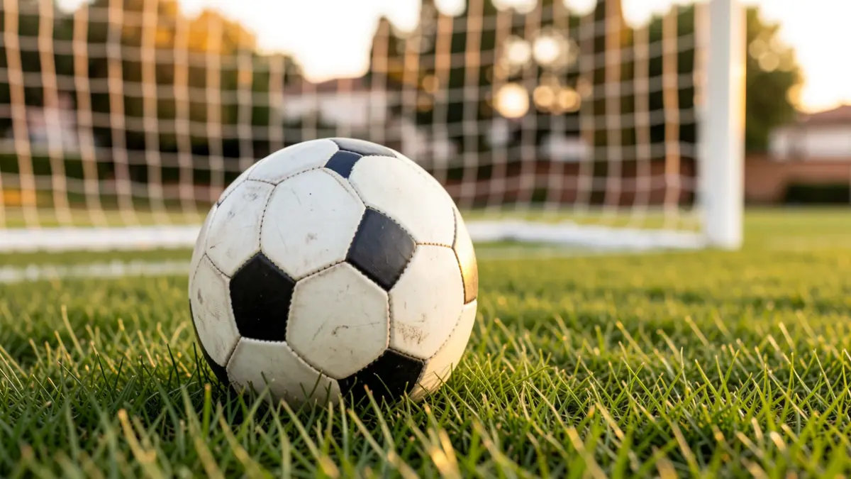Imagen genérica de un balón de fútbol sobre césped con la red de portería desenfocada.