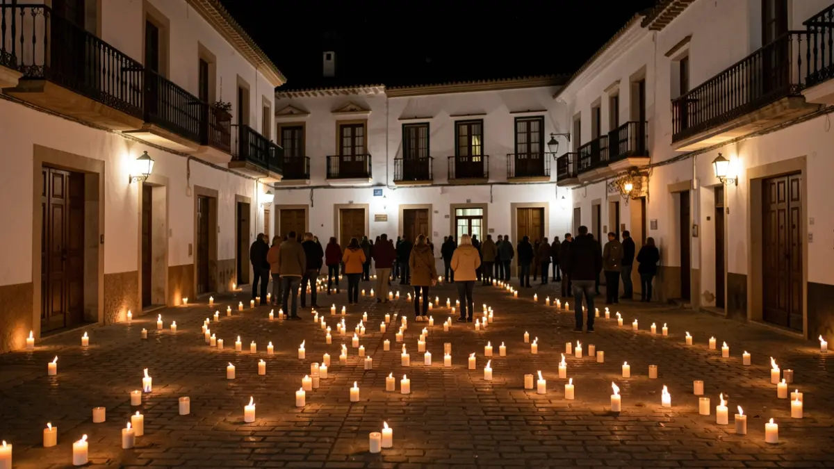Generic image of an Andalusian town square at night, illuminated by candles and firelight.