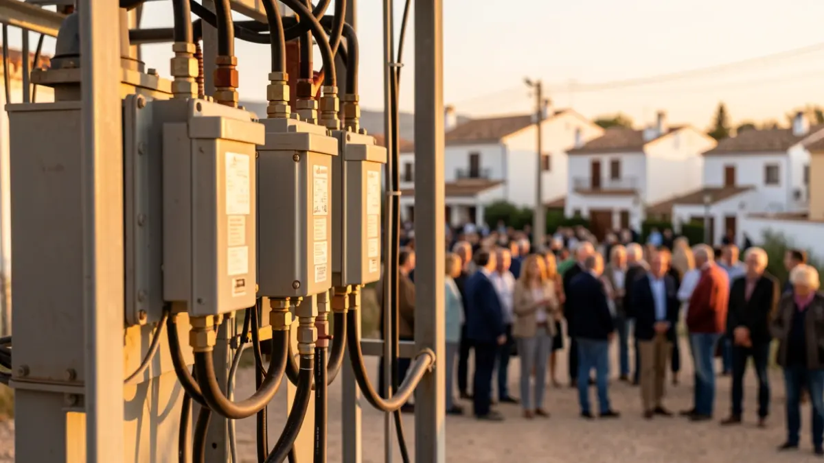 Close-up of an electrical transformation center with transformers and cables, under the sunset light.