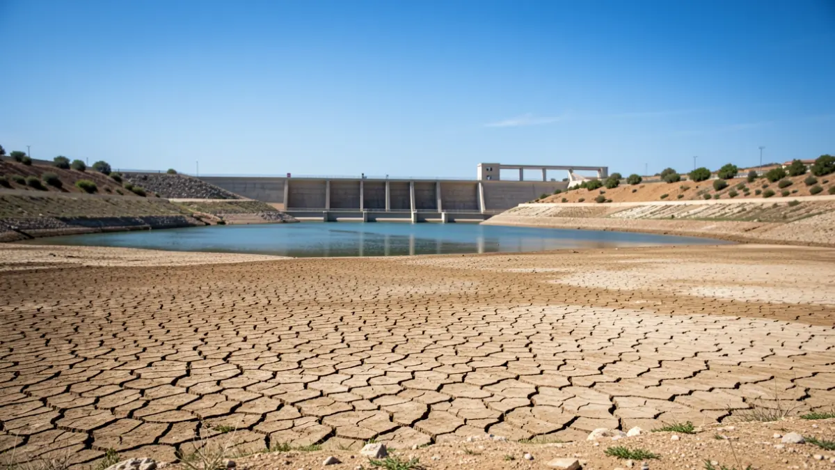 Presa de Montejaque parcialmente seca con grietas en el suelo y la estructura de la presa al fondo.